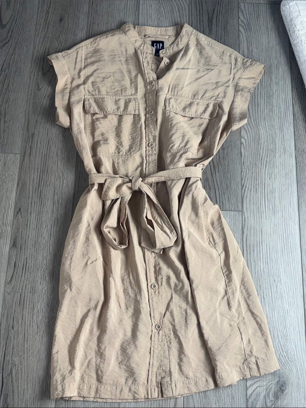 GAP Beige Button-Front Tie-Waist Mini Dress